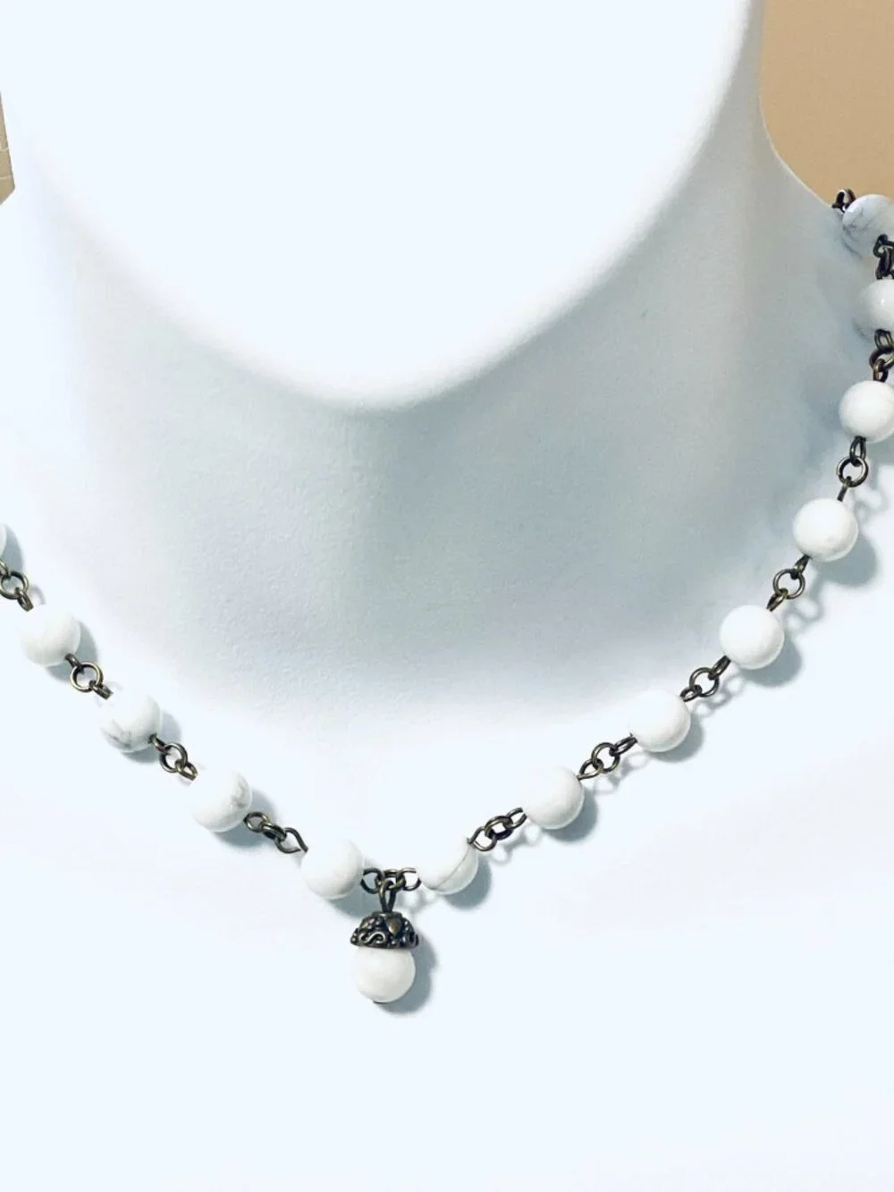 Genuine White Magnesite Short Necklace, Natural Gemstone & Bronze Acorn Pendant - Picture 2 of 13